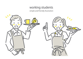 カフェで楽しくアルバイトをする若者　シンプルでお洒落な線画イラスト