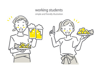 居酒屋で楽しくアルバイトをする若者　シンプルでお洒落な線画イラスト