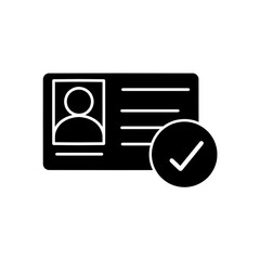 Identity verified flat icon. Identity card with check mark. Personality approval. Employee badge. Thin line illustration. Contour symbol. Vector line drawing. Editable stroke