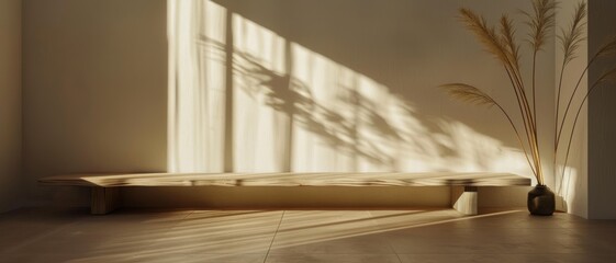 A serene room bathed in warm sunlight, featuring tall pampas grass in a simple vase and minimalist wooden furniture. Shadows create a calm ambiance.