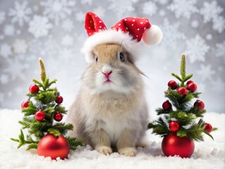 Obraz premium Adorable fluffy bunny wears a bright red Santa hat and holds a tiny Christmas tree, surrounded by festive holly and snowflakes on a white background.