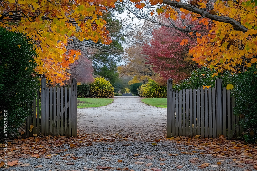 Canvas Prints Under colourful autumn trees, a gravel driveway has a picket fence and gate