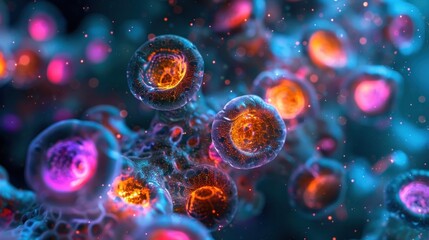 Glowing microscopic particles and biological structures forming dynamic colorful and abstract cosmic patterns and compositions  Futuristic digital and science inspired visual design
