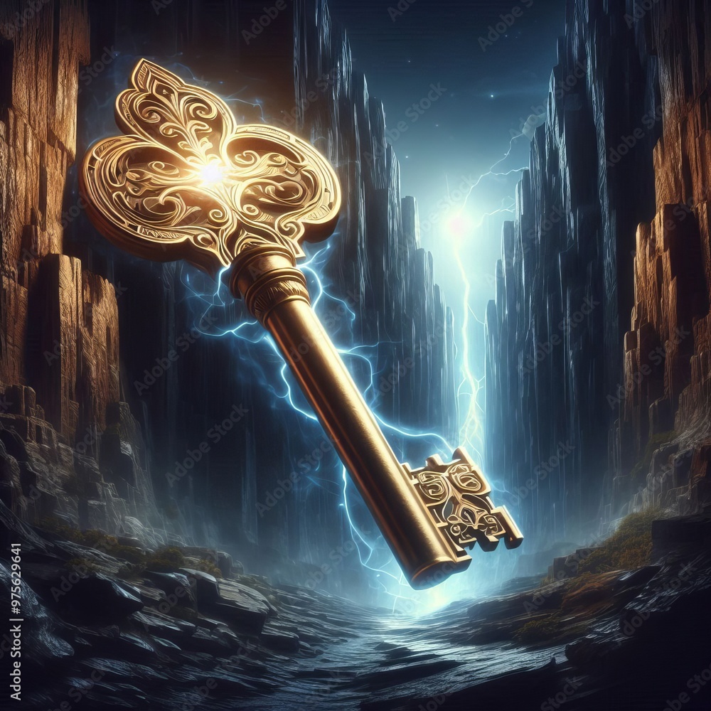Poster a striking image of a golden key illuminated in a dark, mystical canyon with lightning in the backgr