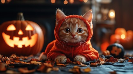 A cute kitten in a halloween costume next to pumpkin head.
