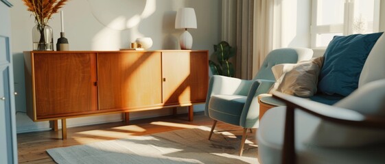 An inviting living room bathed in sunlight, featuring modern furniture with a touch of mid-century charm, highlighted by wooden elements and potted greenery.