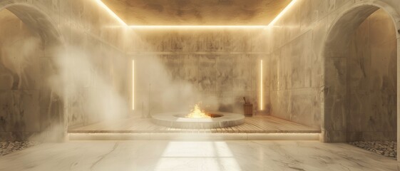 This image shows a modern, atmospheric spa room featuring a circular fire pit in the center, exuding warmth and relaxation.