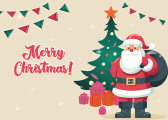 Merry Christmas  greeting card ,banner, poster with cute Santa Claus and gifts. Holiday cartoon characters set Vector illustration 