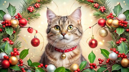 Adorable whimsical illustration of a curious cat surrounded by Christmas decorations, holly, and ornaments, with coloring book lines and festive holiday elements.