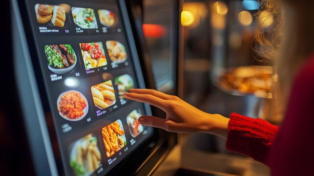 A customer's hand touches a touch screen to order food and pay electronically