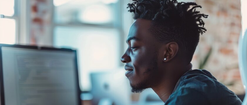 A young man with a focused and serene expression works intently on his computer in a modern workspace, emphasizing dedication and concentration.