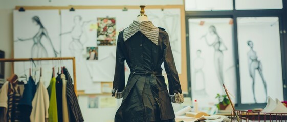 Fashion design studio featuring a dress form in focus amidst a busy workspace filled with sketches, fabrics, and sewing tools.