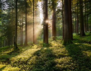  Morning in the forest, with soft sunlight filtering through the trees, creating a serene an_1(702)