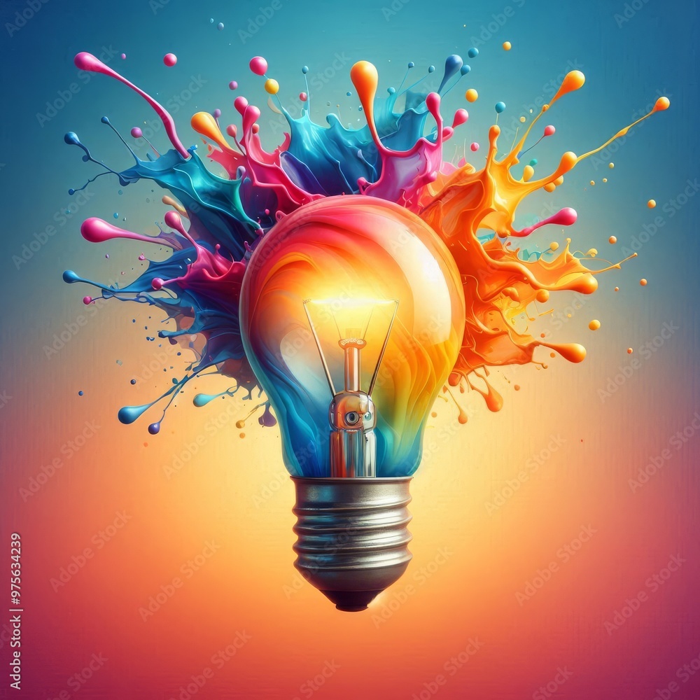 Poster a stunning light bulb radiates with a burst of vibrant paint splashes, creating a dynamic and colorf