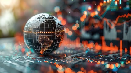 Economic stability, rising graph and globe. Generative AI.