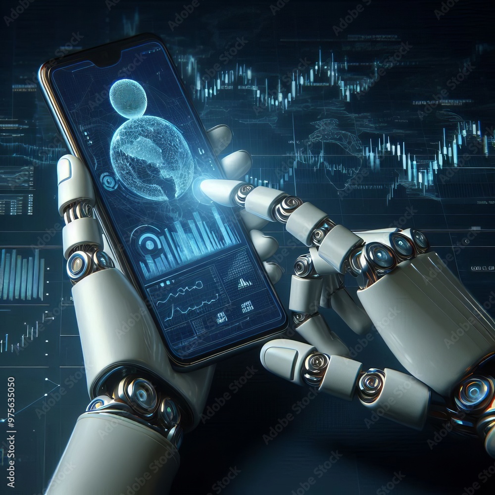 Poster robotic hands manipulate a smartphone, displaying futuristic data and graphics on the screen. the da