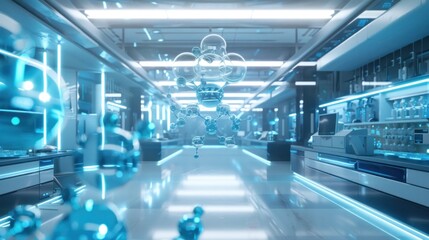 Bright and Futuristic Supermarket Aisle with Illuminated Digital Displays Modern Shelving and a Clean Technology Driven Retail Environment