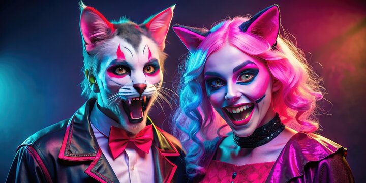 Clashing colors and mismatched themes define a disastrous duo's Halloween ensembles, featuring a neon pink cat and a faded vampire, both sporting awkward smiles.