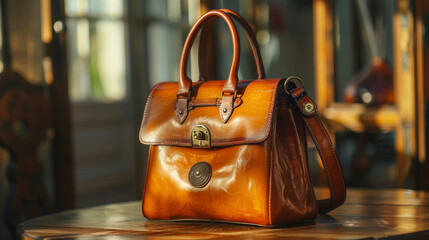 A leather handbag sitting on a wooden table, with its intricate details of stitching and gold hardware highlighted in the soft sunlight.