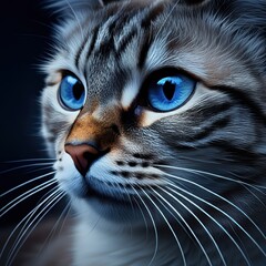 A closeup photograph of a cat's face,highly detailed fur texture,striking blue eyes with depth and dimension,realistic cat portrait,vibrant colors,dramatic lighting and contrast,moody and atmospheric