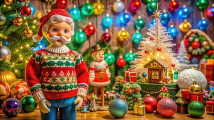 Colorful, kitschy holiday scene featuring a tacky sweater-clad figurine surrounded by vintage ornaments, retro decorations, and a festive holiday backdrop.