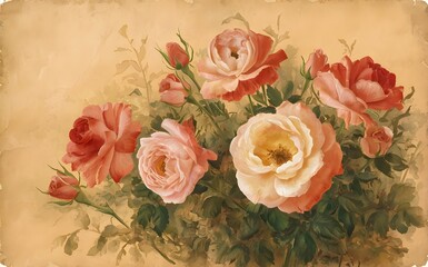 Obraz premium Generative-AI, Hand-Painted Roses on Aged Paper with Soft Earthy Tones Background