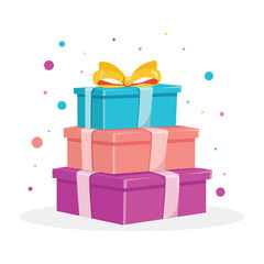 Stack of colorfully wrapped Christmas gift boxes with ribbon Vector Illustration