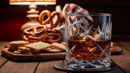 Glass of whiskey with ice cubes and salty snacks on the background
