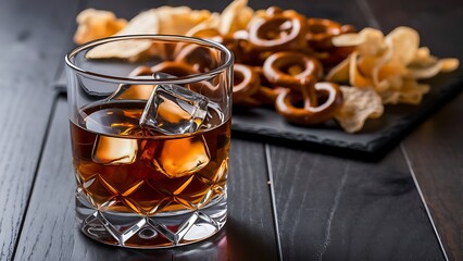 Glass of whiskey with ice cubes and salty snacks on the background