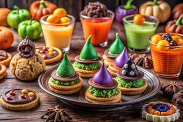 Fototapeta premium Colorful and spooky Halloween-themed snacks, such as witches' hat cookies, monster eyes, and graveyard dirt cups, arranged on a table for a fun classroom treat.