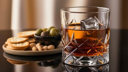 Glass of whiskey with ice cubes and salty snacks on the background