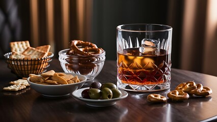 Glass of whiskey with ice cubes and salty snacks on the background