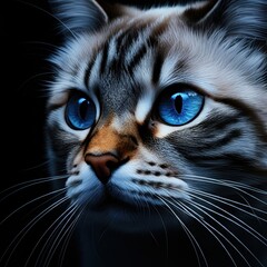 A closeup photograph of a cat's face,highly detailed fur texture,striking blue eyes with depth and dimension,realistic cat portrait,vibrant colors,dramatic lighting and contrast,moody and atmospheric