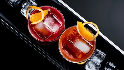 Two vibrant cocktails and orange zest garnishes shot from above with ice cubes on a black background