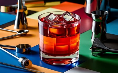 Glass of cold negroni cocktail ice cubes and bartender tools on color background