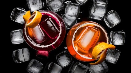 Two vibrant cocktails and orange zest garnishes shot from above with ice cubes on a black background