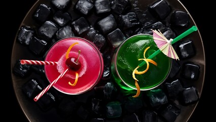 Two vibrant cocktails and orange zest garnishes shot from above with ice cubes on a black background