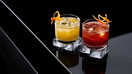 Two vibrant cocktails and orange zest garnishes shot from above with ice cubes on a black background