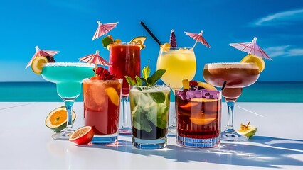 Various alcoholic cocktails on white background