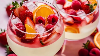 White pink and red sangria with fruit and ice summer alcohol drink and ingredients