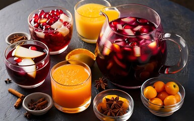 Bunch of drinks made of sangria pomegranate pear orange kumquat and spices cinnamon cloves star anise on a table
