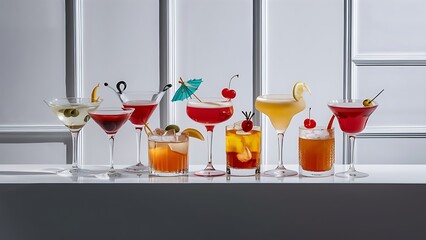 Various alcoholic cocktails on white background