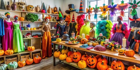 Colorful array of spooky and whimsical Halloween costumes, accessories, and props laid out on tables and shelves, ready for rental or hire at a party.