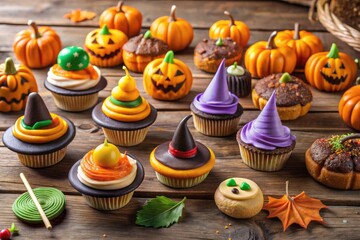 Colorful array of spooky sweet treats, including witches' hat cookies, ghostly marshmallow pops, and jack-o-lantern cupcakes, on a rustic wooden table, perfect for Halloween.