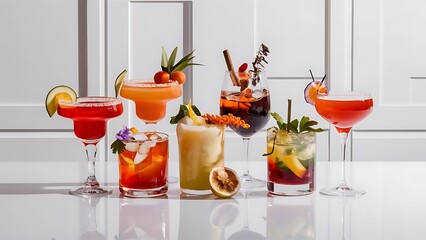Various alcoholic cocktails on white background