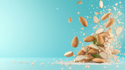 Fototapeta premium Closeup of almond nuts falling surrounded by almond crumbs isolated on flat blue background with copy space. 3d render illustration style.