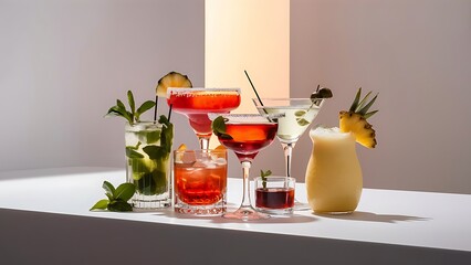 Various alcoholic cocktails on white background