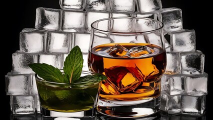 Single malt whiskey in a glass and green mint liqueur refreshing set of drinks taste sensations