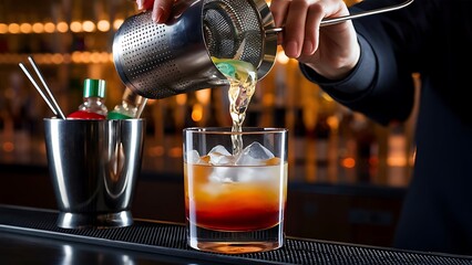 Close up view of mixing cup with steel strainer from which the drink is poured into a glass with ice