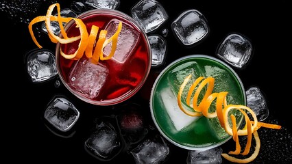 Two vibrant cocktails and orange zest garnishes shot from above with ice cubes on a black background